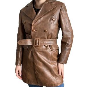 Vintage Womens 1970s Disco Collar Brown Leather Faux Fur Lining Jacket Sz M
